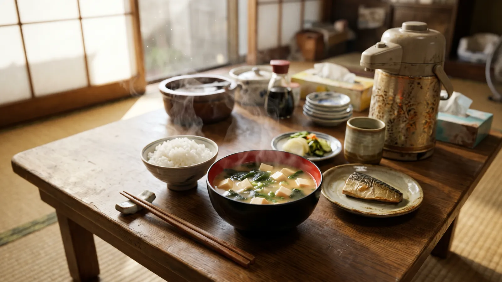 昭和49年〜昭和53年（1974〜1978年ごろ）の永谷園のあさげを再現したイメージ。朝の食卓に置いた、湯気の立つ黒い木のおわんのみそ汁と、ごはん茶わん、焼き魚の小皿。