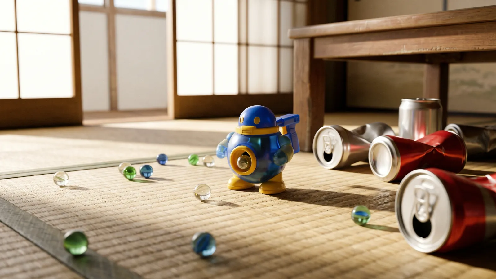 平成5年〜平成9年（1993〜1997年ごろ）のタカラのビーダマンを再現したイメージ。たたみの上に置いた、背中にトリガーのある小さな丸いプラスチックの人形と、転がるガラスのビー玉、倒れた空き缶。