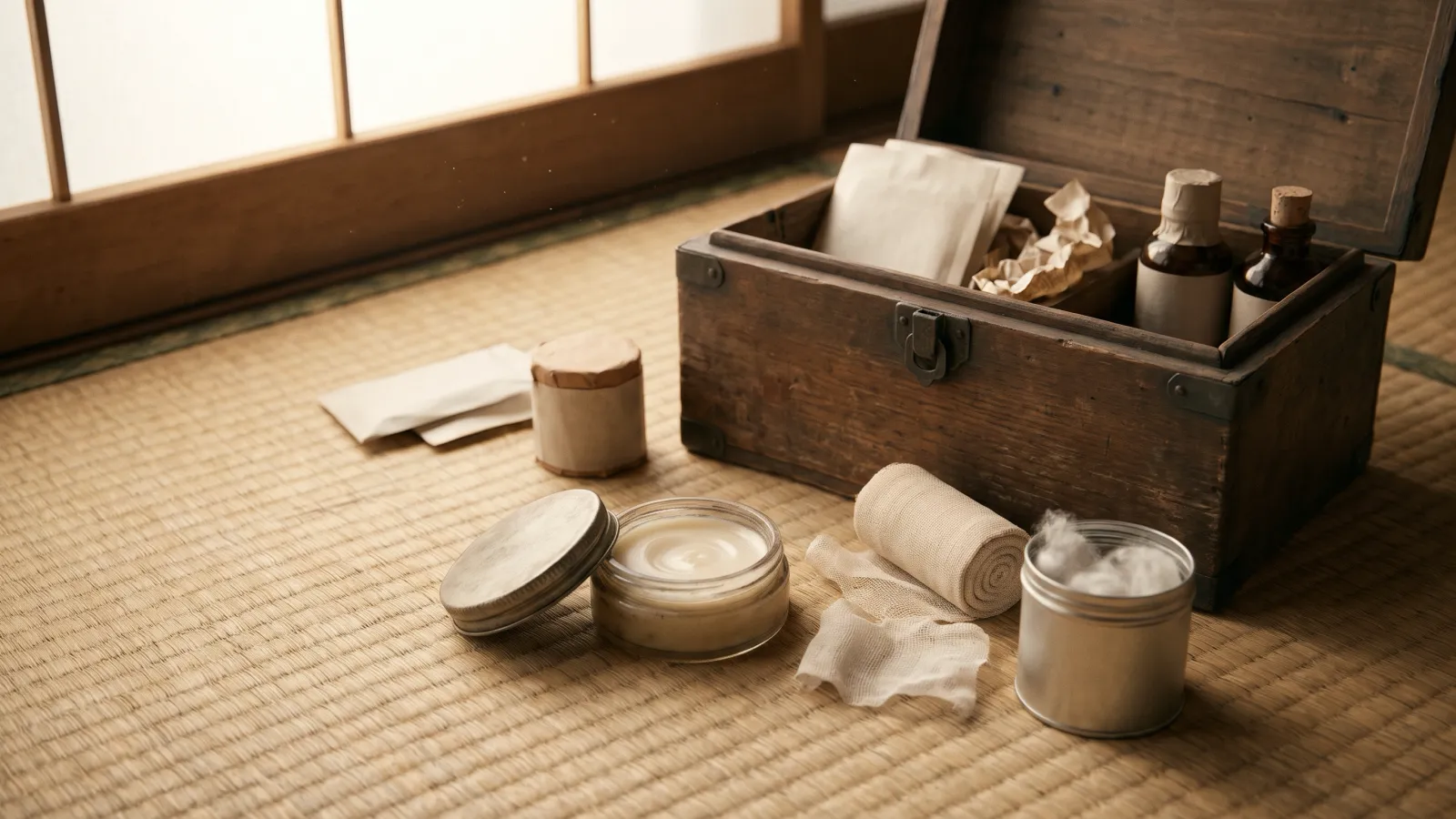 昭和28年〜昭和32年（1953〜1957年ごろ）の大塚製薬のオロナイン軟膏を再現したイメージ。木の薬箱のふたを開けた中に置かれた、丸く平たい軟膏の容器と巻いた包帯、ガーゼ。