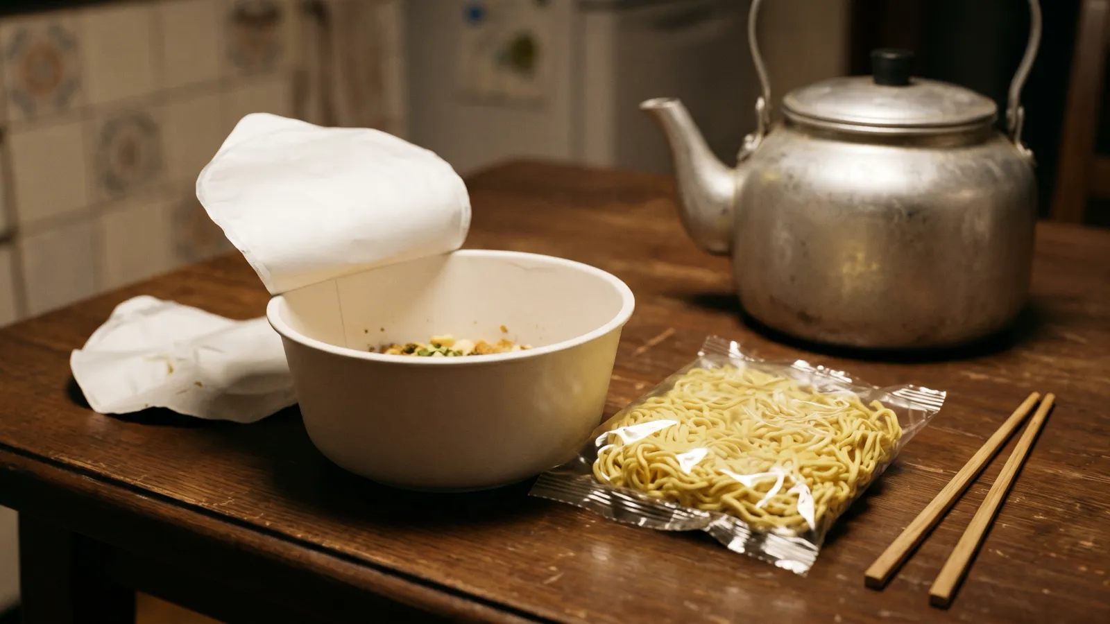 平成4年〜平成8年（1992〜1996年ごろ）の日清食品のラ王を再現したイメージ。台所のテーブルに置いた、ふたを開けた大きめの無地のカップと、取り出した透明な袋入りの生めん、やかん。