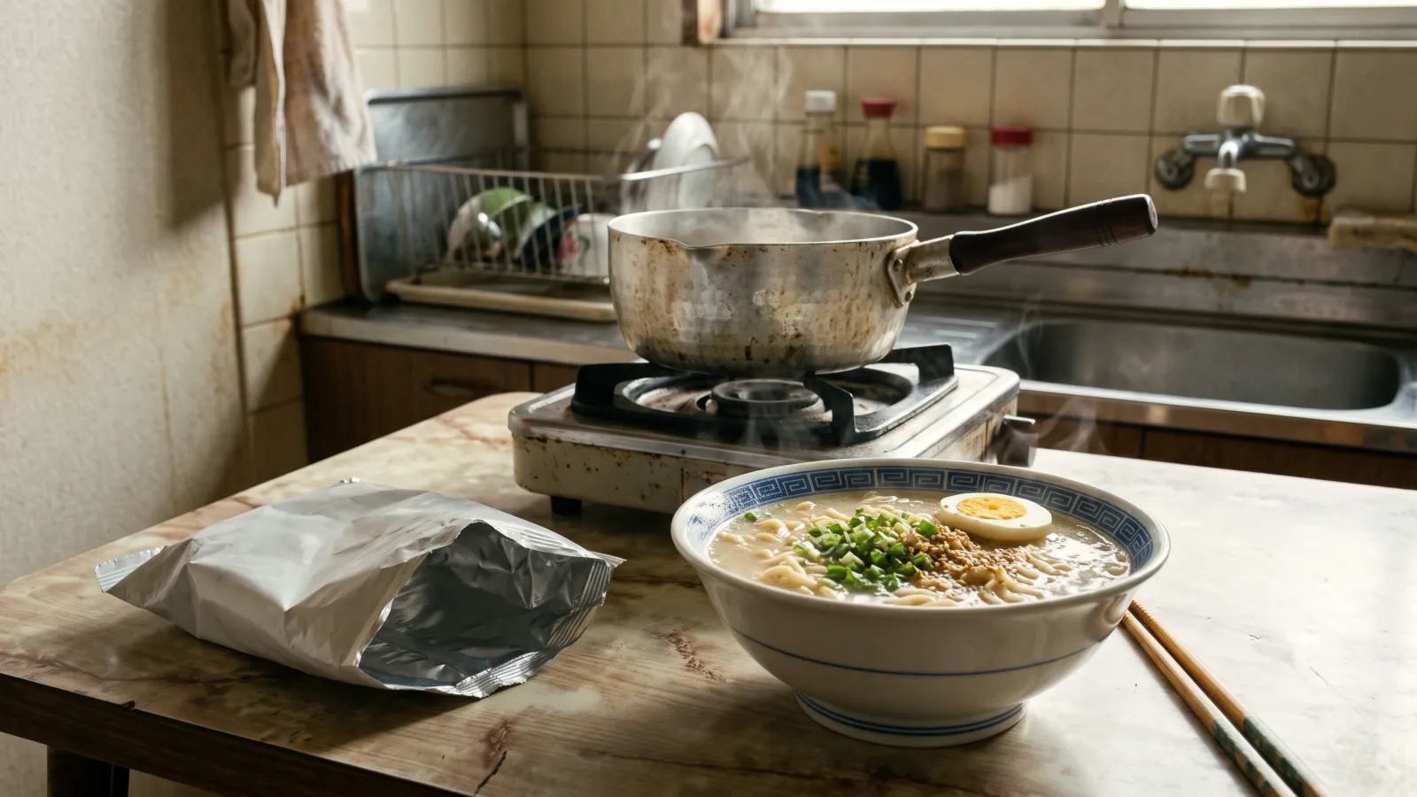 昭和54年〜昭和58年（1979〜1983年ごろ）のハウス食品のうまかっちゃんを再現したイメージ。台所のガスこんろにのせた片手鍋と、白く濁ったスープのラーメンを入れたどんぶり、刻みねぎ。