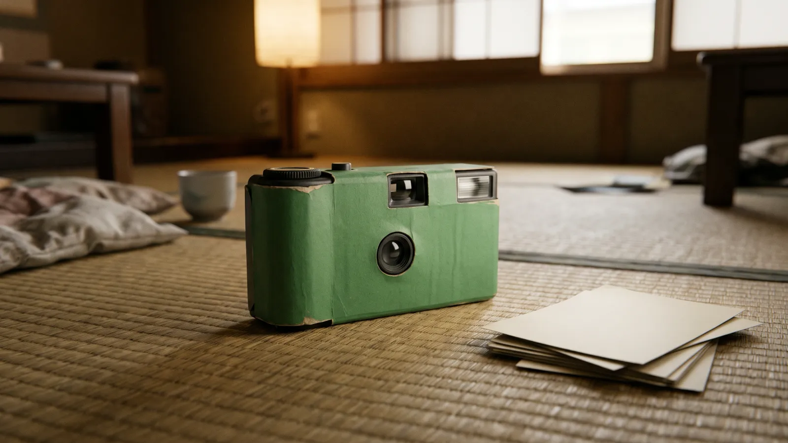 昭和61年〜平成2年（1986〜1990年ごろ）の富士フイルムの写ルンですを再現したイメージ。旅館の畳の上に置いた、無地の紙で巻かれた小さなフィルムカメラと、裏返したプリント写真の束。