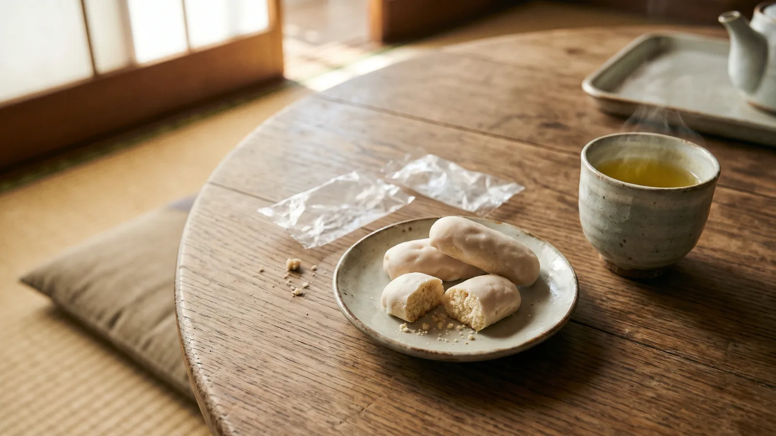昭和40年〜昭和44年（1965〜1969年ごろ）のブルボンのホワイトロリータを再現したイメージ。茶の間のちゃぶ台に置いた小皿の上の、白っぽい表面の小さな焼き菓子と、湯気の立つ湯のみ。