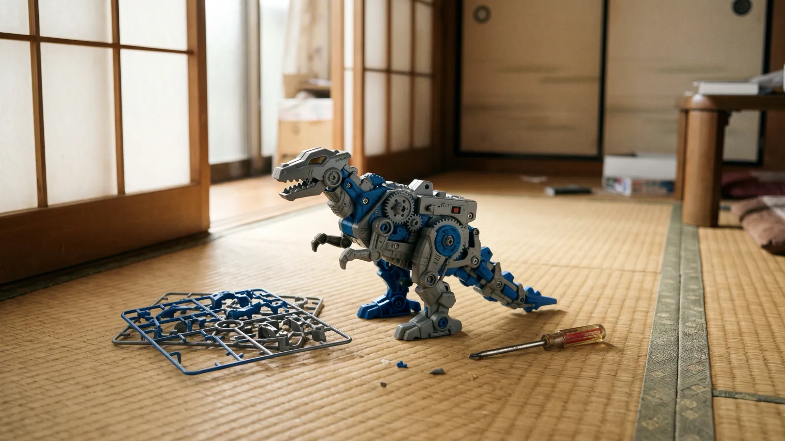 昭和58年〜昭和62年（1983〜1987年ごろ）のトミーのゾイドを再現したイメージ。たたみの上に置いた、灰色と青のプラスチックで組み立てた恐竜のような機械の模型と、部品を外したあとの枠。
