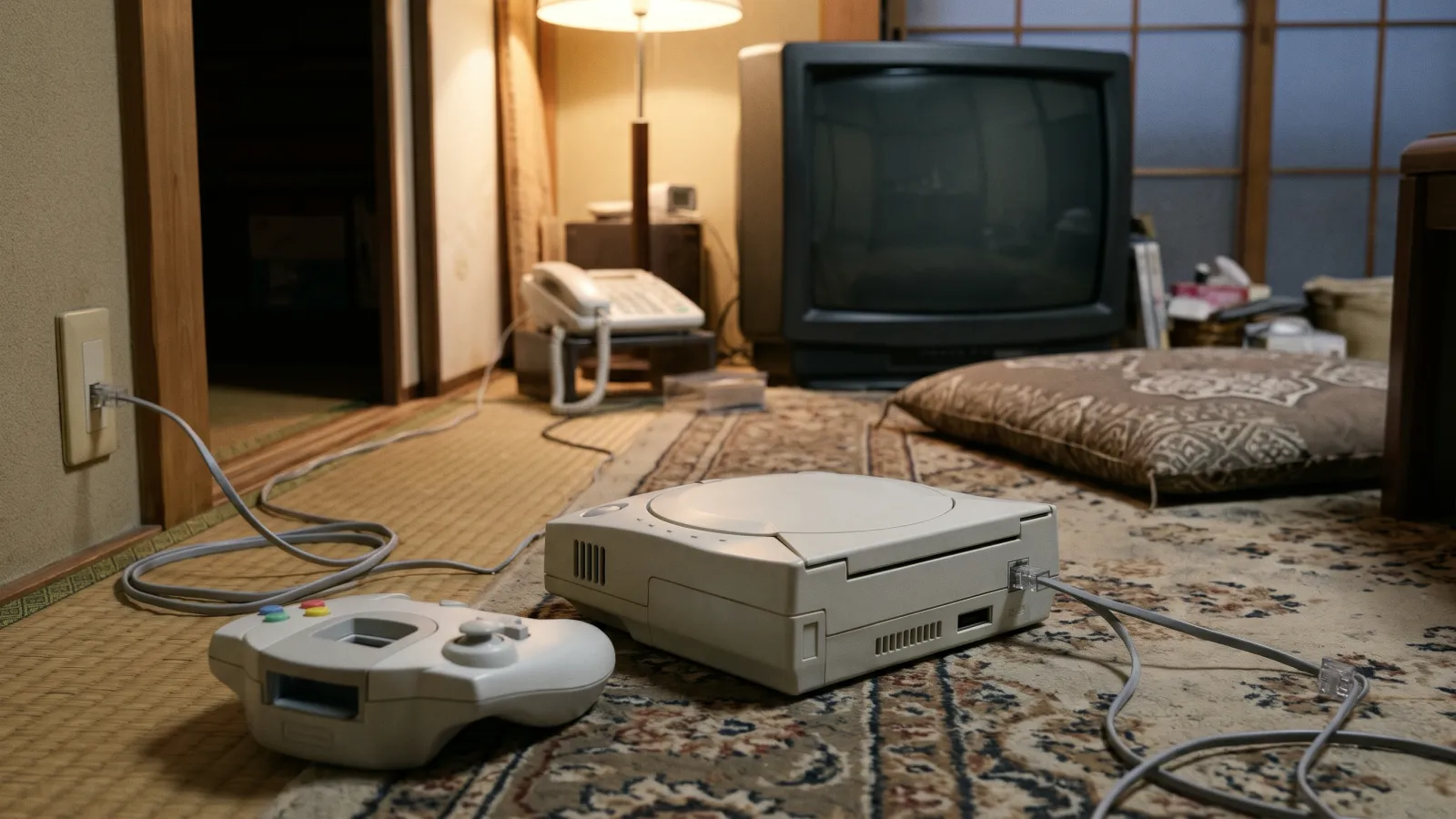 平成10年〜平成14年（1998〜2002年ごろ）のセガのドリームキャストを再現したイメージ。居間の床に置いた白い四角いゲーム機と、壁の電話のジャックへ延びる灰色の電話線、電源を切ったブラウン管テレビ。