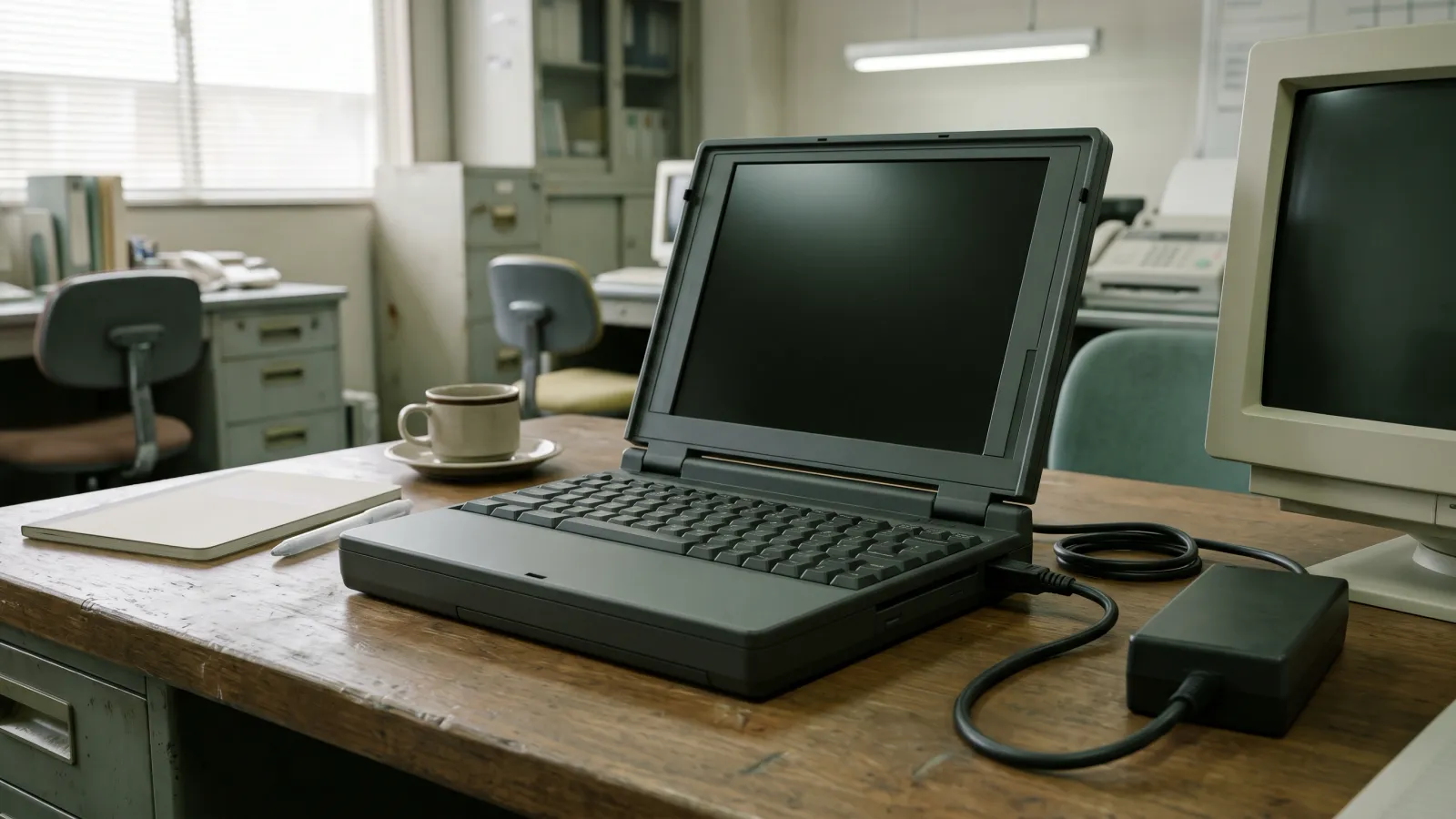 平成元年〜平成5年（1989〜1993年ごろ）の東芝のダイナブックを再現したイメージ。事務所の木の机に開いた、厚みのある濃い灰色のノート型パソコンと重いACアダプター。画面は消えている。