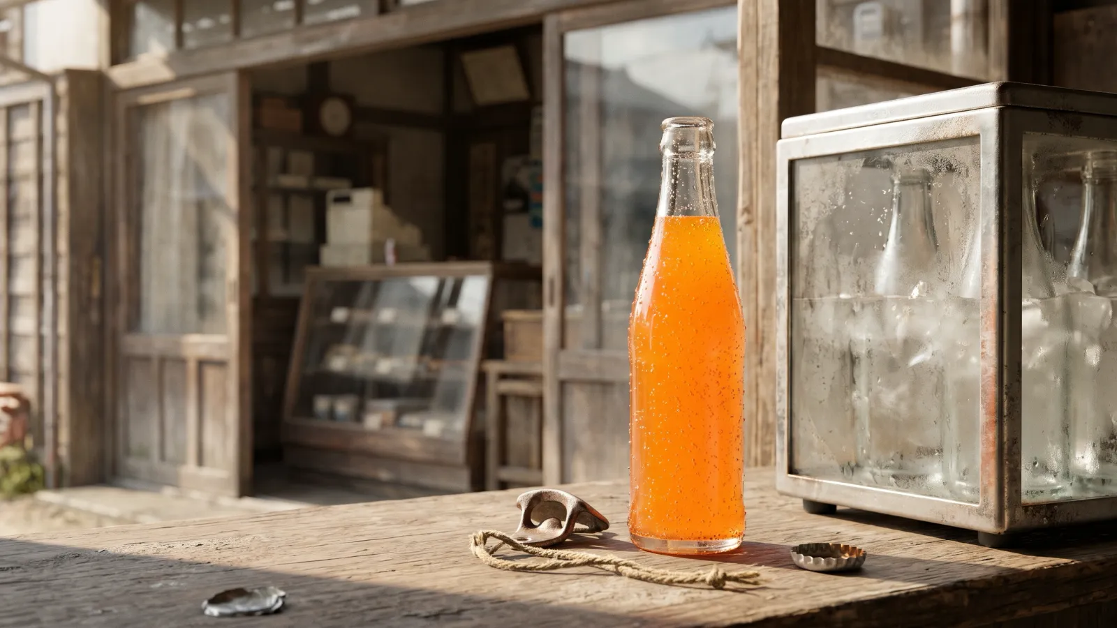 昭和33年〜昭和37年（1958〜1962年ごろ）のコカ・コーラのファンタを再現したイメージ。小さな菓子店の木の店先に置かれた、ラベルのない透明な瓶に入ったオレンジ色の炭酸飲料と、ひもで結んだ栓抜き、王冠。