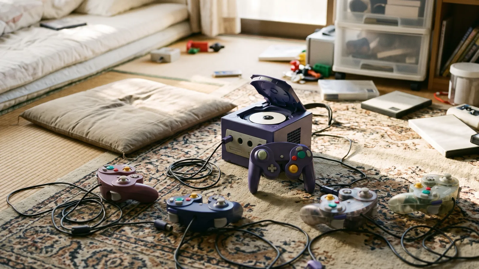 平成13年〜平成17年（2001〜2005年ごろ）の任天堂のニンテンドーゲームキューブを再現したイメージ。子ども部屋の敷物に置いた取っ手付きの紫の小さな四角いゲーム機と、輪になって並ぶ四つのコントローラー。