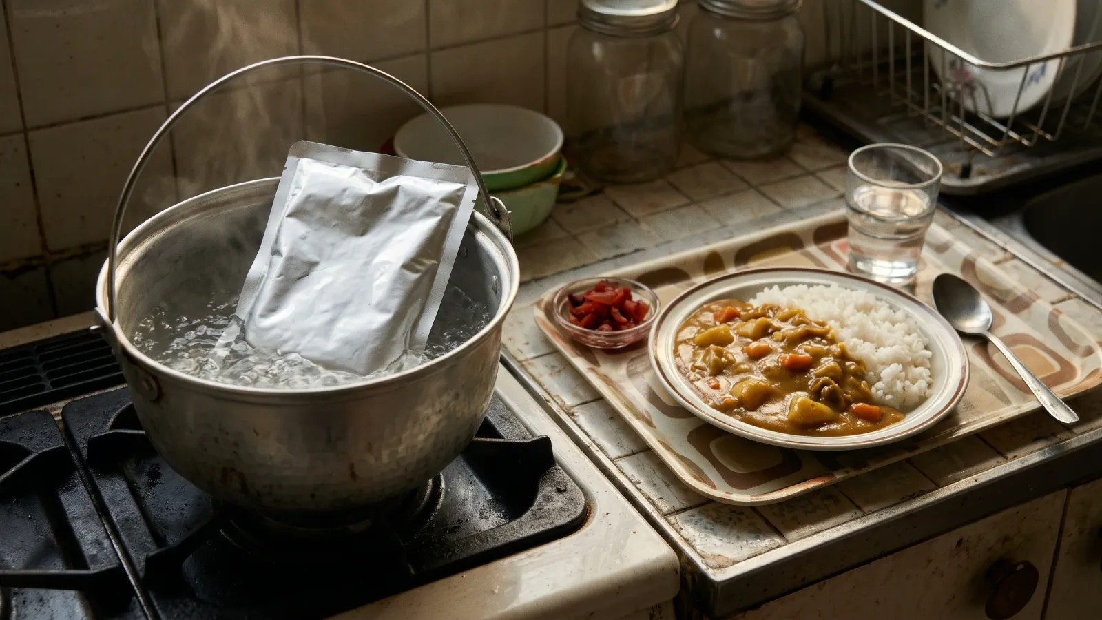 昭和46年〜昭和50年(1971〜1975年ごろ)のハウス食品のククレカレーを再現したイメージ。ガスこんろの鍋の湯で温める無地の銀色の袋と、白いごはんにやさしい色のカレーをかけた皿、福神漬けの小皿。