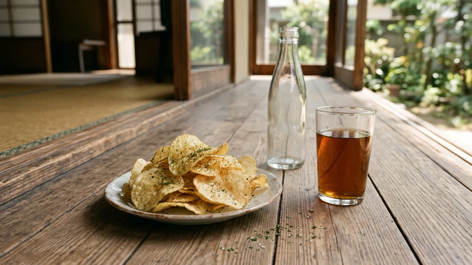 昭和37年〜昭和41年（1962〜1966年ごろ）の湖池屋のポテトチップス のり塩を再現したイメージ。縁側の木の台に置いた小皿に盛られた、緑の青のりの粉が点々とついた薄いポテトチップス。