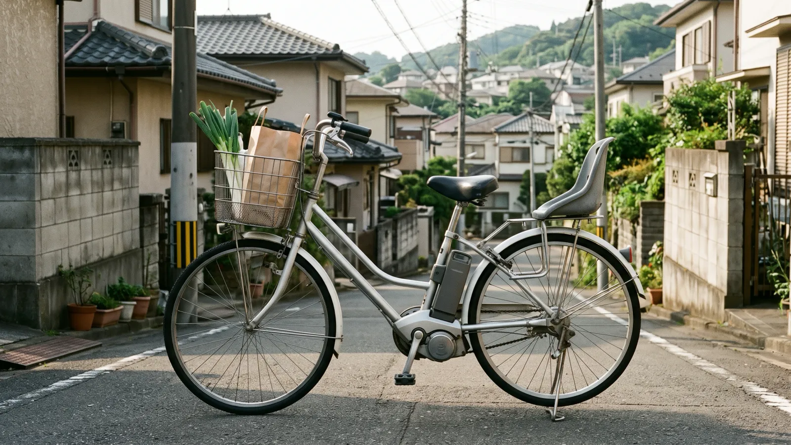 平成5年〜平成9年（1993〜1997年ごろ）のヤマハのPASを再現したイメージ。住宅街のゆるい坂のふもとに止めた、前かごと後ろの子ども乗せ、座席の後ろに四角い電池を付けた自転車。