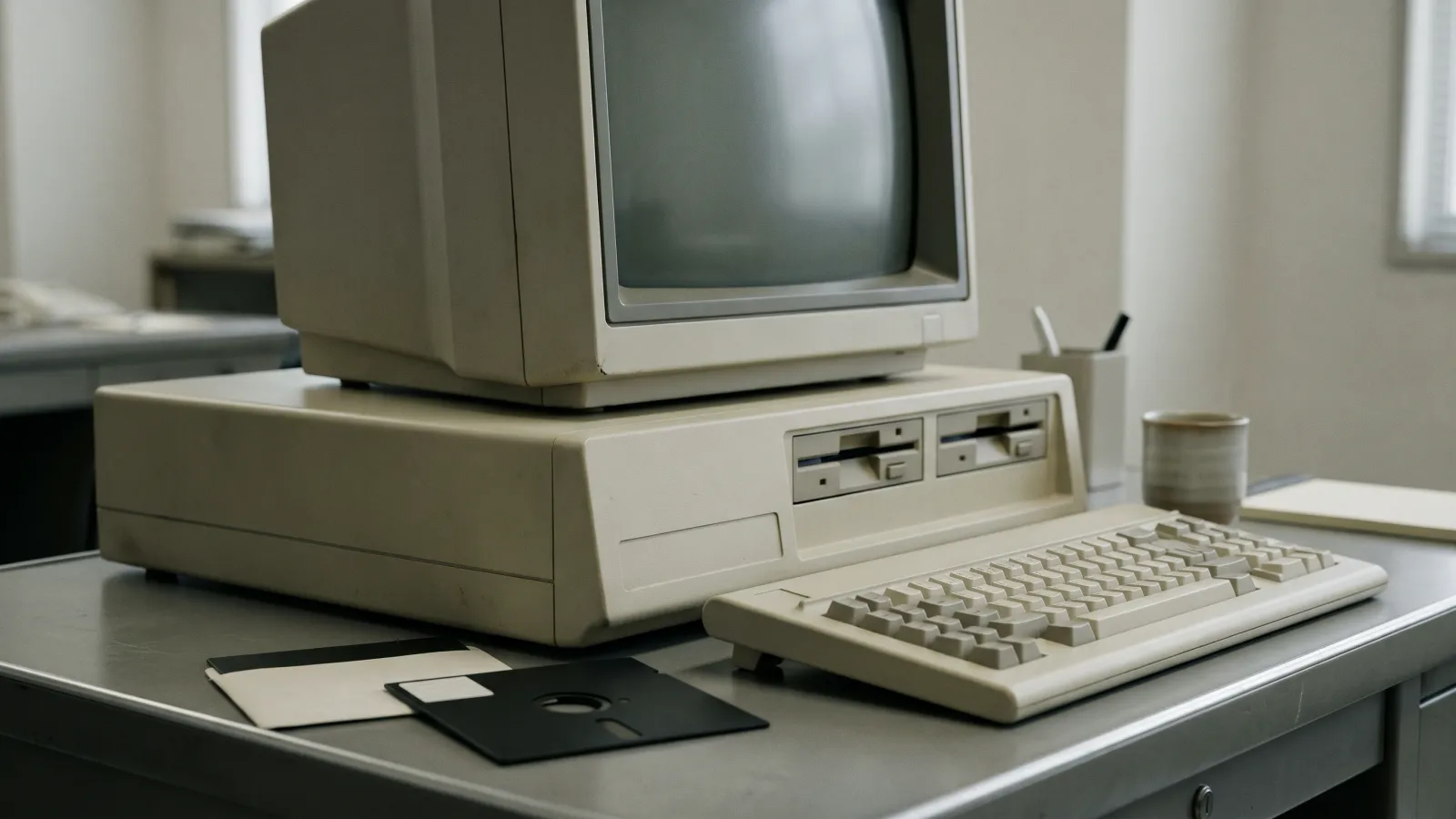 昭和57年〜昭和61年（1982〜1986年ごろ）のNECのPC-9801を再現したイメージ。事務机に置いたベージュの本体と電源を切ったブラウン管モニター、5インチのフロッピーディスク。