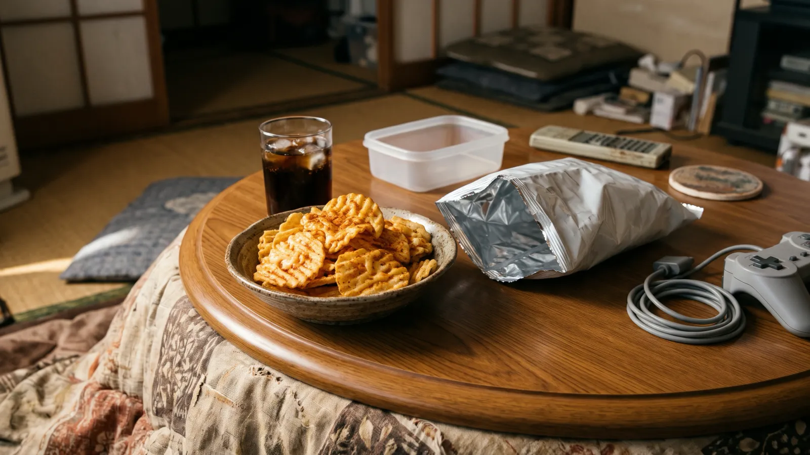 平成4年〜平成8年（1992〜1996年ごろ）のカルビーのピザポテトを再現したイメージ。こたつの上の器に盛られた、表面に溶けたチーズのでこぼこがついた厚めの波形のポテトチップスと、無地の袋、ゲーム機のコード。