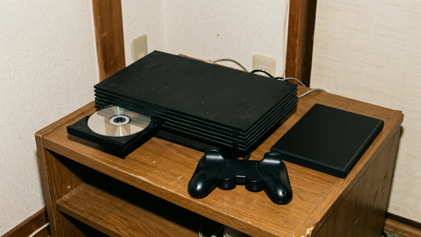 平成12年〜平成16年(2000〜2004年ごろ)のソニーのプレイステーション2を再現したイメージ。木のラックに横置きした段々の側面の黒いゲーム機と、引き出したトレイの無地の銀色のディスク、裏返したコントローラーと黒いケース。