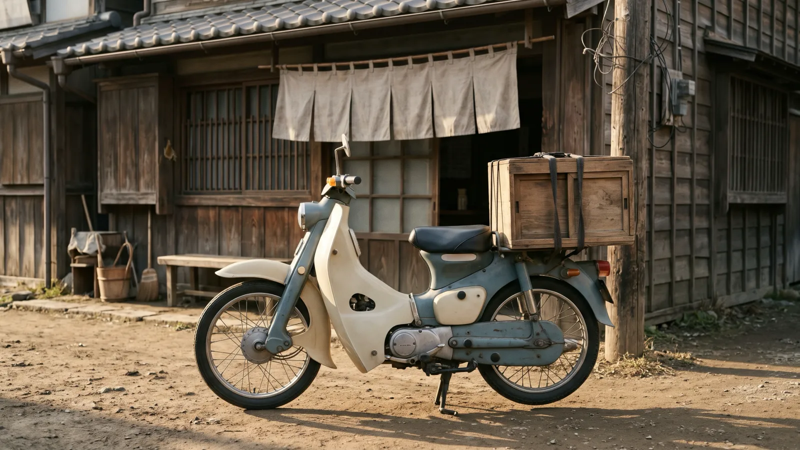 昭和33年〜昭和37年(1958〜1962年ごろ)のホンダのスーパーカブを再現したイメージ。暖簾の下がる木造のそば屋の前に止めた、荷台に木の岡持ちを載せた小型の二輪車。