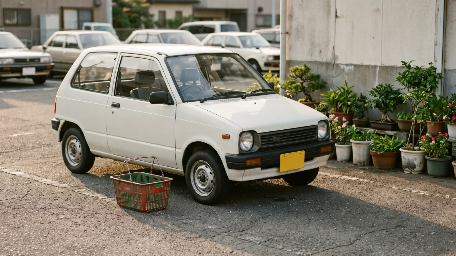 昭和54年〜昭和58年（1979〜1983年ごろ）のスズキのアルトを再現したイメージ。スーパーの駐車場に止めた、角ばった箱形の小さな白い二ドアの車と、後ろに置いた空の買い物かご。