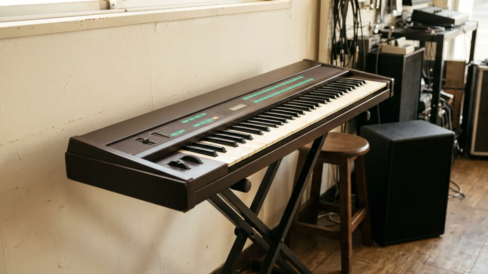 昭和58年〜昭和62年（1983〜1987年ごろ）のヤマハのDX7を再現したイメージ。楽器店の壁際の台に置いた、濃い茶色の本体に緑の配色の平らなボタンが並ぶシンセサイザー。
