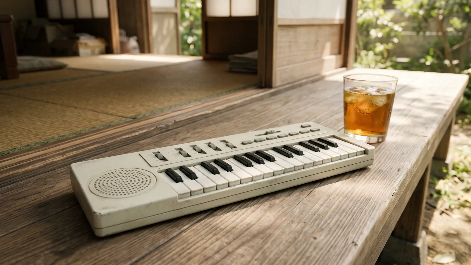 昭和55年〜昭和59年（1980〜1984年ごろ）のヤマハのポータサウンドを再現したイメージ。夏の縁側に置いた、白っぽい細長い本体に小さな鍵盤が並ぶ電池式のキーボード。