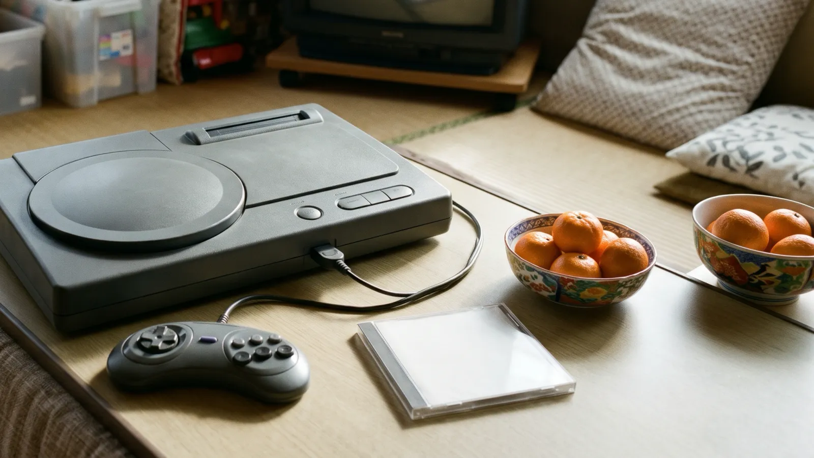 平成6年〜平成10年（1994〜1998年ごろ）のセガのセガサターンを再現したイメージ。冬の子ども部屋のこたつの横に置いた、上部に丸いふたのある灰色のゲーム機と灰色のパッド。