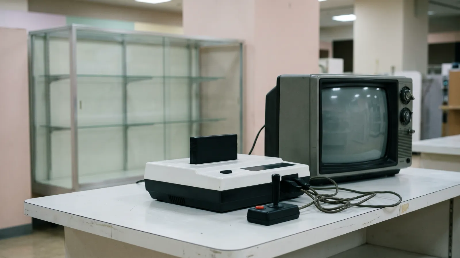 昭和58年〜昭和62年（1983〜1987年ごろ）のセガのSG-1000を再現したイメージ。デパートのおもちゃ売り場の試遊台に置いた、角ばった黒と白のゲーム機と黒い軸のジョイスティック。