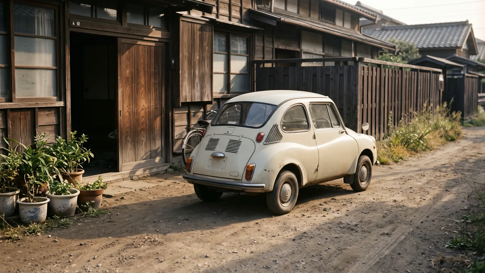 昭和33年〜昭和37年（1958〜1962年ごろ）の富士重工業のスバル360を再現したイメージ。土の道に面した木造の家の前に止めた、丸い屋根と小さな丸いライトを持つ淡いクリーム色の小型の車。