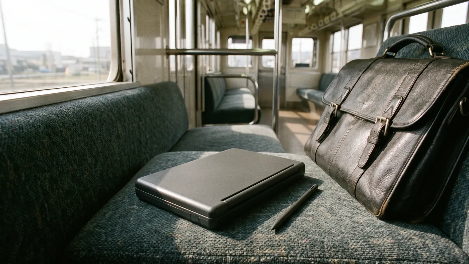 平成5年〜平成9年（1993〜1997年ごろ）のシャープのザウルスを再現したイメージ。通勤電車の座席に置いた、ふたを開いた小さな液晶の携帯情報機器と細いペン。