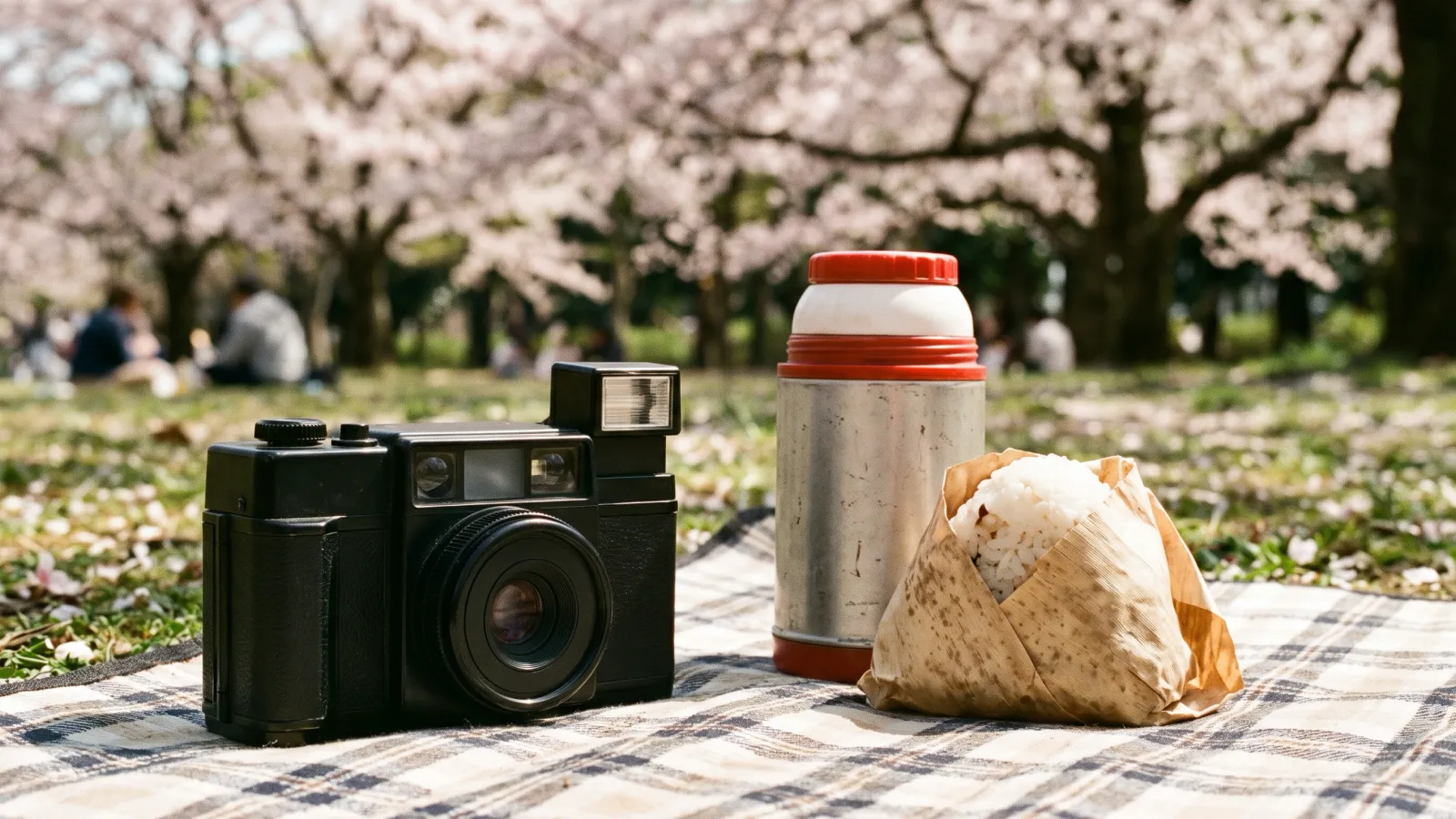 昭和54年〜昭和58年(1979〜1983年ごろ)のキヤノンのオートボーイを再現したイメージ。桜の木の下の公園の敷物に置いた、角ばった箱形の黒いフィルムカメラと無地の水筒、紙に包んだおにぎり。