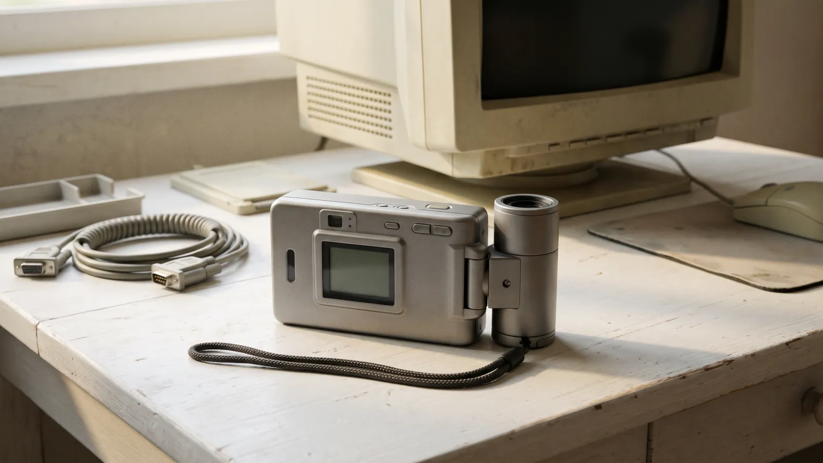 平成7年〜平成11年（1995〜1999年ごろ）のカシオのQV-10を再現したイメージ。午後の窓の光が差す白い木の机に置いた、端に回転するレンズ部の付いた平たい銀色のデジタルカメラと、電源の切れたベージュのパソコン、巻いた灰色のケーブル。