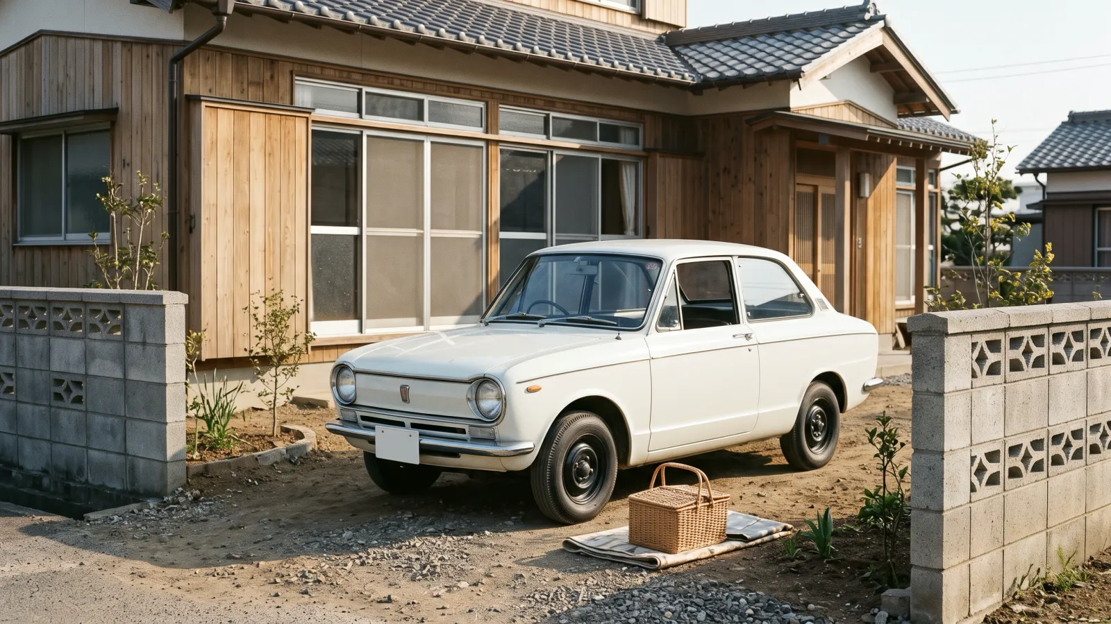 昭和41年〜昭和45年（1966〜1970年ごろ）のトヨタのカローラを再現したイメージ。新しい郊外の家のブロック塀の前に停めた、丸いヘッドライトとクロームのバンパーの白い2ドアセダンと、地面に置いたピクニックかご。