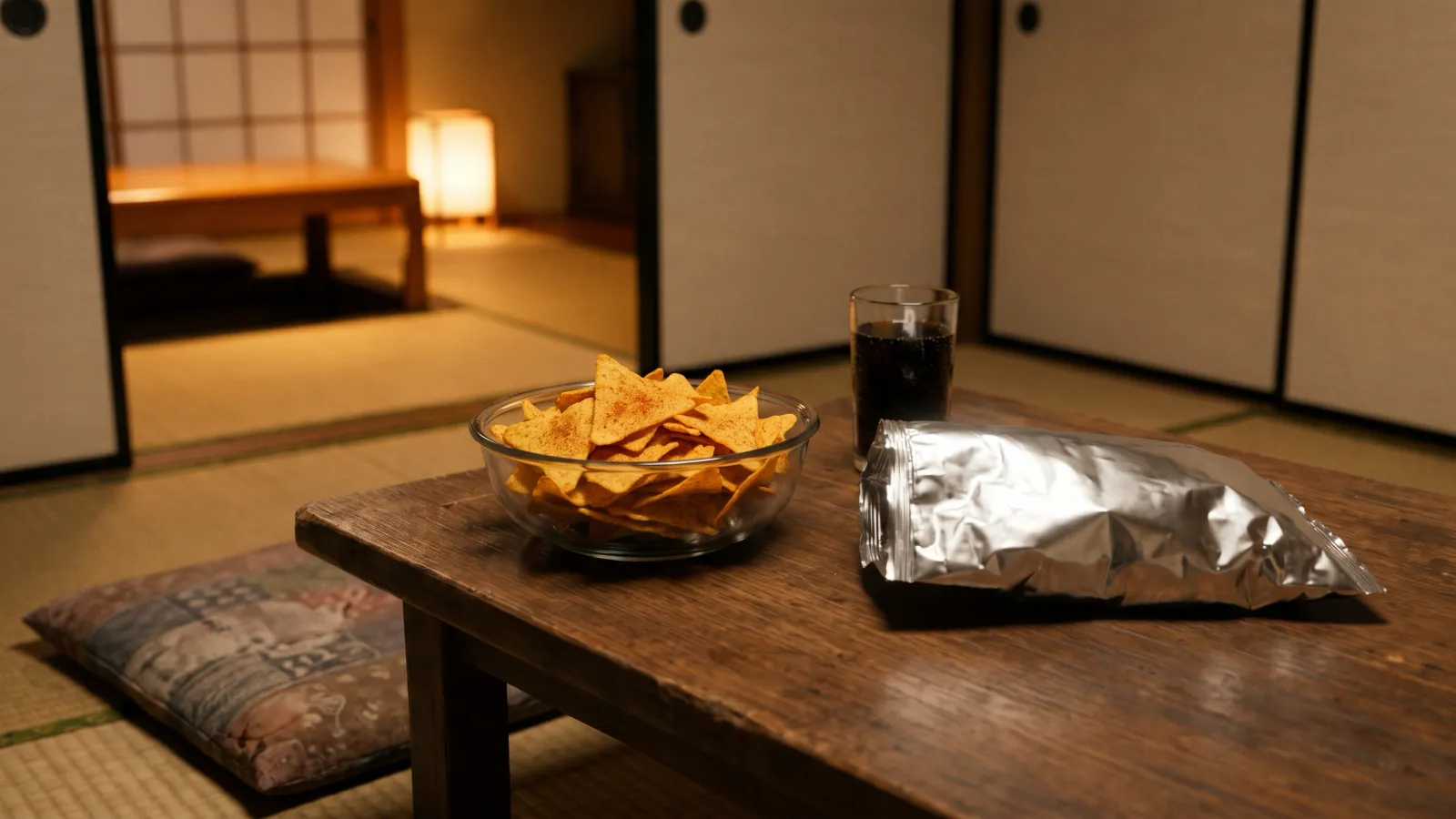 平成6年〜平成10年（1994〜1998年ごろ）の湖池屋のドンタコスを再現したイメージ。夜の畳の部屋の低い木の机に置いた、赤みのある粉をまぶした三角形のコーンチップスを盛ったガラスの器と無地の銀色の袋、ラベルのないコーラのグラス、床の座布団。