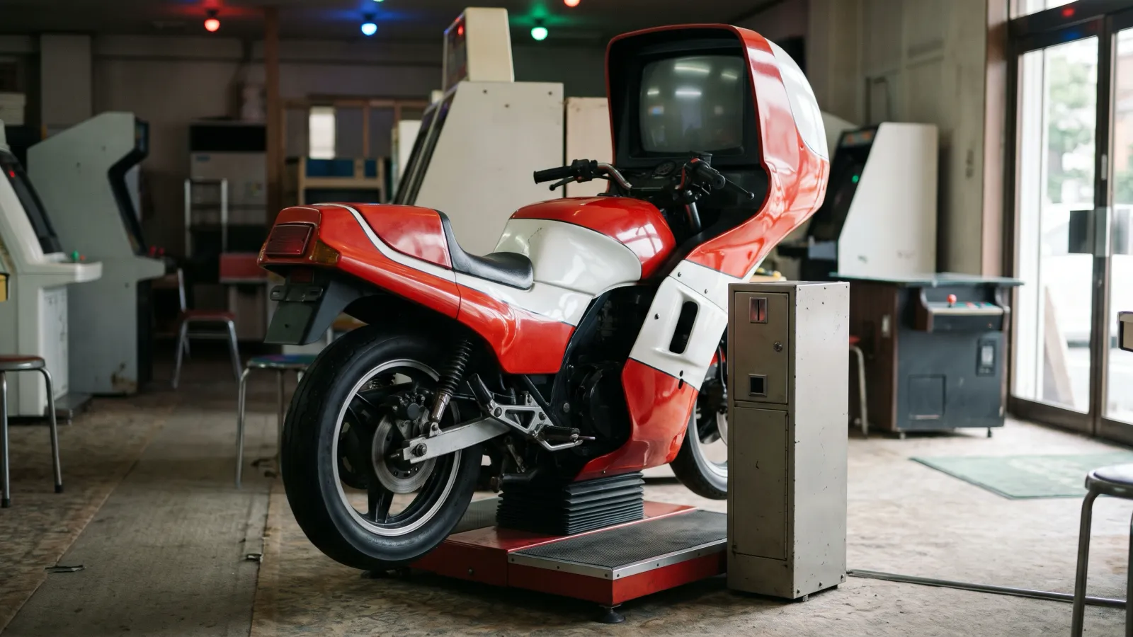 昭和60年〜平成元年（1985〜1989年ごろ）のセガのハングオンを再現したイメージ。色つきの照明が映るゲームセンターの床に置いた、前のカウルに電源の消えた画面を収めた赤と白のバイク形のゲーム筐体と、そばの無地の背の高いコイン箱。
