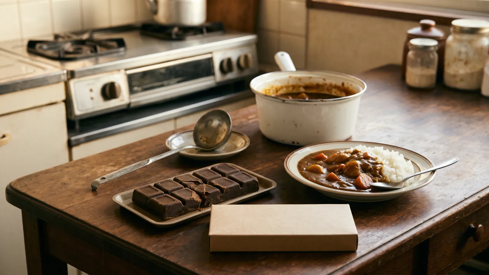 昭和43年〜昭和47年（1968〜1972年ごろ）のハウス食品のジャワカレーを再現したイメージ。夕方の台所の机に置いた、区切りに割った濃い茶色のカレールウ、白いほうろう鍋のカレー、にんじんとじゃがいものカレーライスの皿とアルミのおたま、伏せた無地の箱。