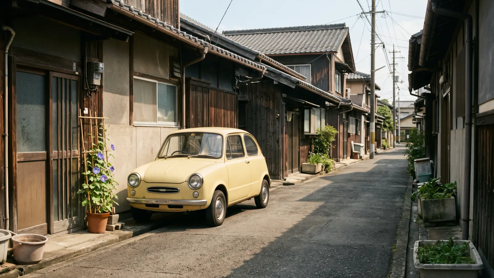 昭和42年〜昭和46年（1967〜1971年ごろ）のホンダのN360を再現したイメージ。瓦屋根の木造家屋が並ぶ細い路地に停めた、丸いヘッドライトの淡い黄色の小さな2ドア軽自動車と、戸口の鉢植えの朝顔。