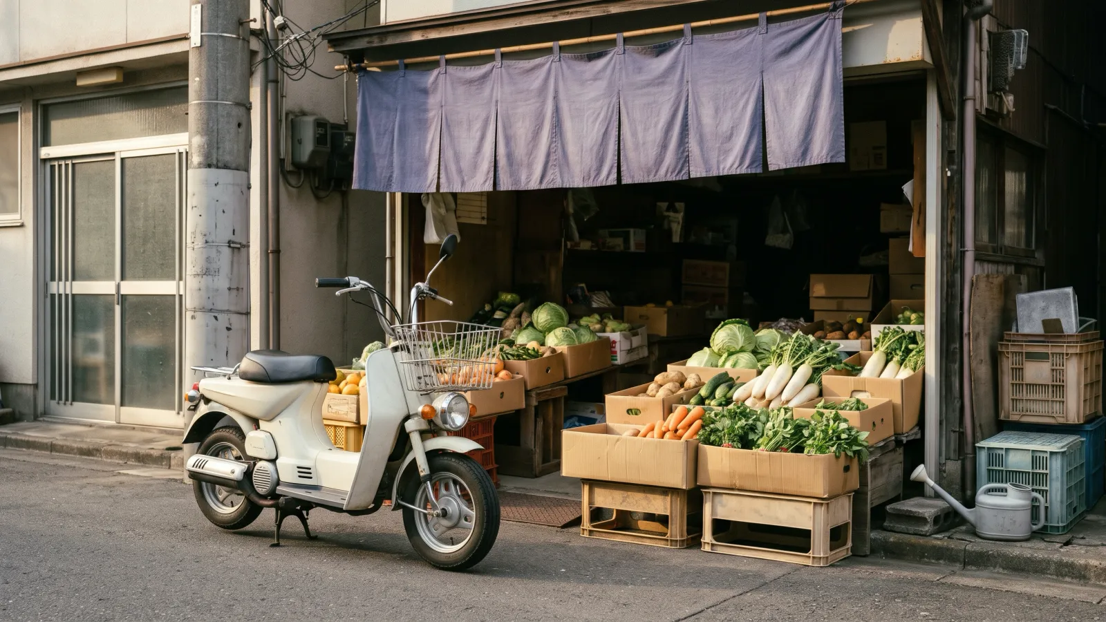 昭和52年〜昭和56年(1977〜1981年ごろ)のヤマハのパッソルを再現したイメージ。商店街の八百屋の店先に停めた、低い足もとの床と前かごのある、クリーム色の小さなスクーターと、野菜の入った段ボール箱。