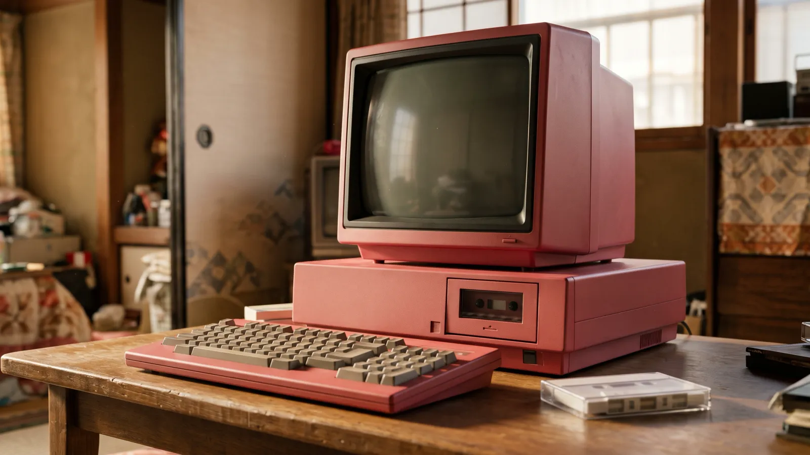 昭和57年〜昭和61年（1982〜1986年ごろ）のシャープのX1を再現したイメージ。夕方の光が入る茶の間の木の机に置いた、ふたの閉じたカセットデッキが付いた赤い横長のパソコン本体と、電源の消えた同じ色のブラウン管モニター、横から見たキーボード。