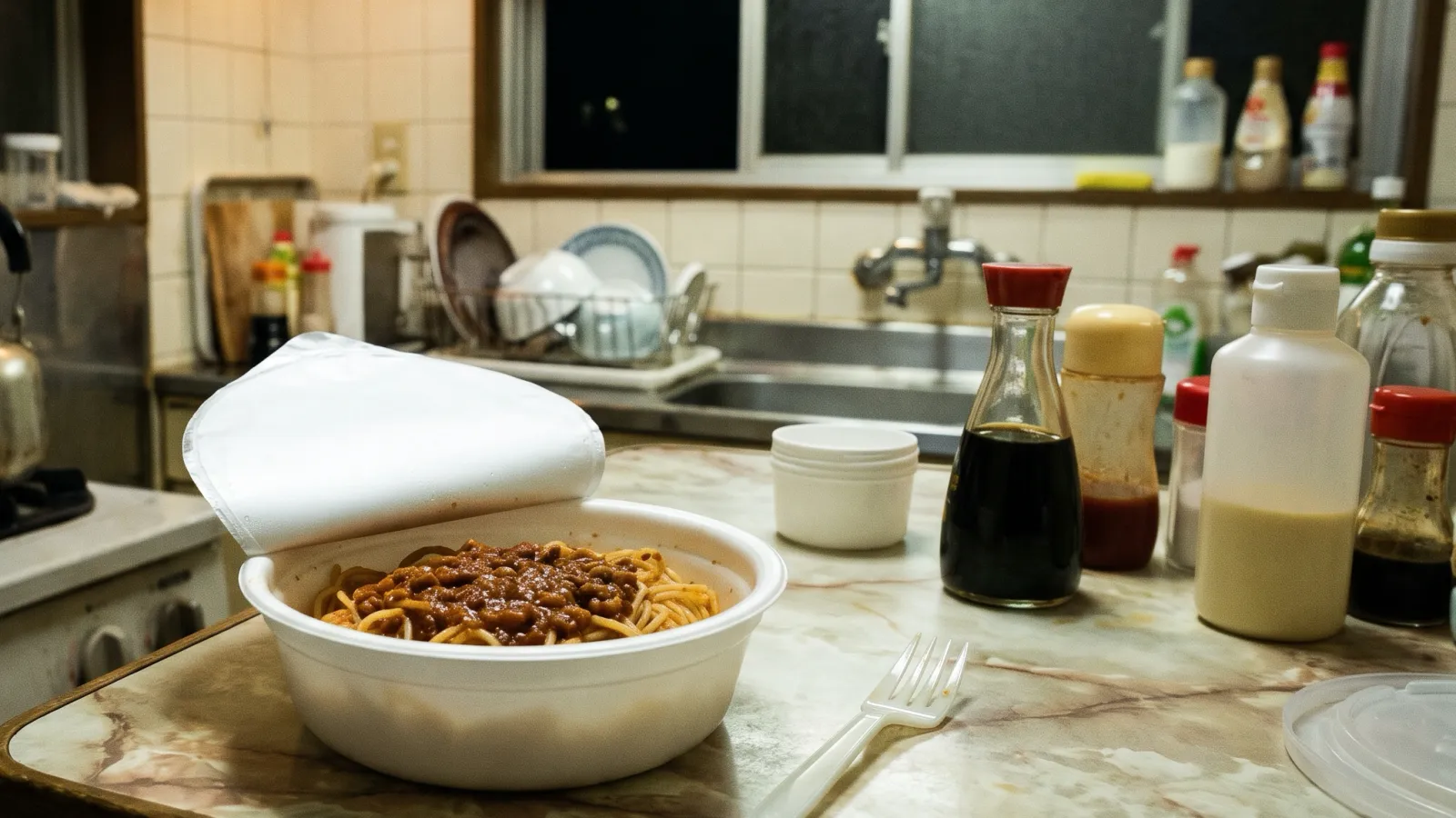 平成7年〜平成11年（1995〜1999年ごろ）の日清食品のSpa王を再現したイメージ。夜の集合住宅の台所の調理台に置いた、ふたを半分はがした無地の白い広口カップのミートソーススパゲッティとプラスチックのフォーク、横のやかん。