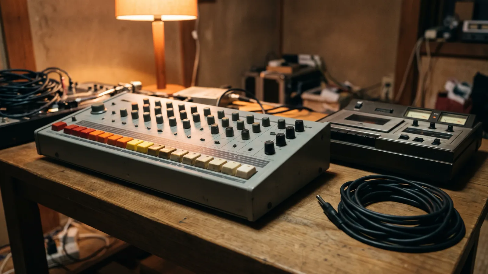 昭和55年〜昭和59年（1980〜1984年ごろ）のローランドのTR-808を再現したイメージ。橙色の電灯が灯る小さな録音部屋の木の机に置いた、色とりどりの四角いボタンがずらりと並ぶ横長の灰色のリズムマシンと、ふたの閉じたカセットデッキ、巻いた黒いケーブル。
