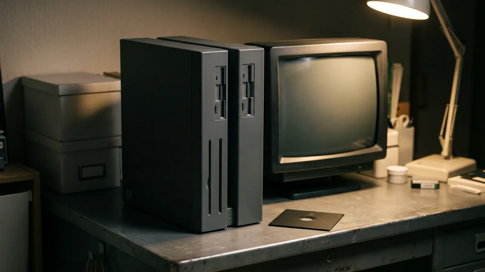 昭和62年〜平成3年（1987〜1991年ごろ）のシャープのX68000を再現したイメージ。暖かい電気スタンドの光が照らす夜の学生の部屋で、スチール机の上に置いたふたつの細い塔を並べた濃い灰色のパソコン本体と、電源の消えたブラウン管モニター、机に置いた無地のフロッピーディスク。