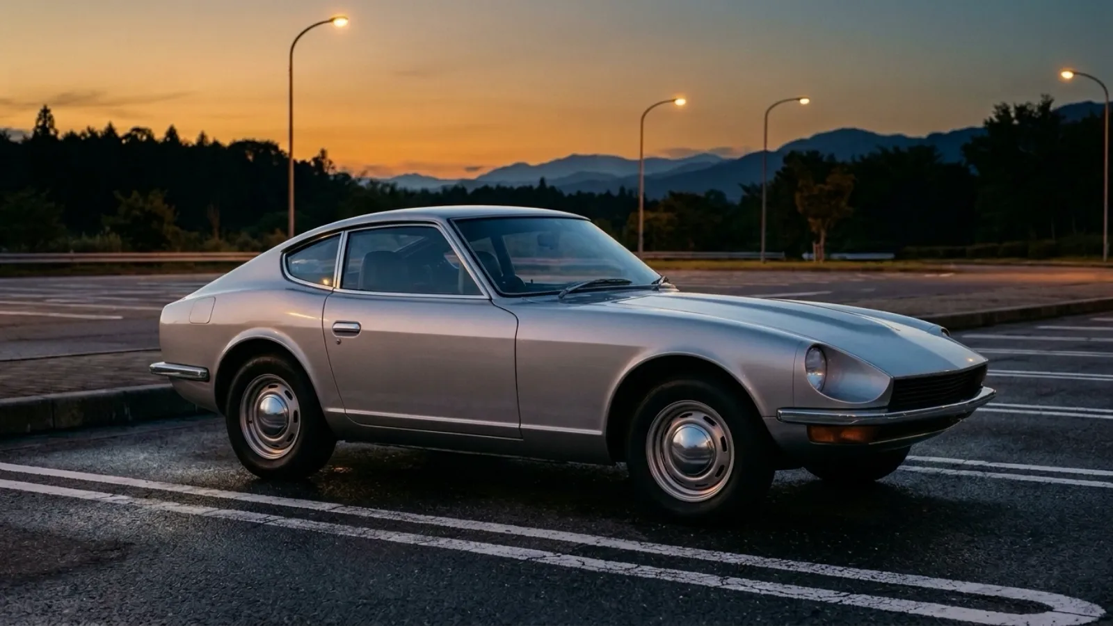 昭和44年〜昭和48年(1969〜1973年ごろ)の日産のフェアレディZを再現したイメージ。橙と青に染まった夕暮れの高速道路のパーキングエリアに停めた、長いボンネットと奥まった丸いライトを持つ低い銀色の2人乗りのスポーツカーと、灯り始めた橙色の照明。