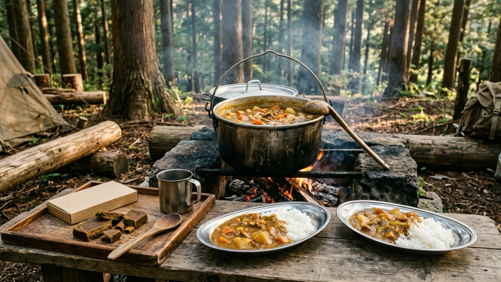昭和41年〜昭和45年(1966〜1970年ごろ)のエスビー食品のゴールデンカレーを再現したイメージ。夕方の木漏れ日が差す林の野外炊事場で、石を組んだかまどのまき火にかけたアルミの大鍋に、にんじんとじゃがいも、玉ねぎの入った濃い金茶色のカレーが煮え、木の台にカレーライスの皿と割ったルウを載せた盆、伏せた無地の箱が置かれている。