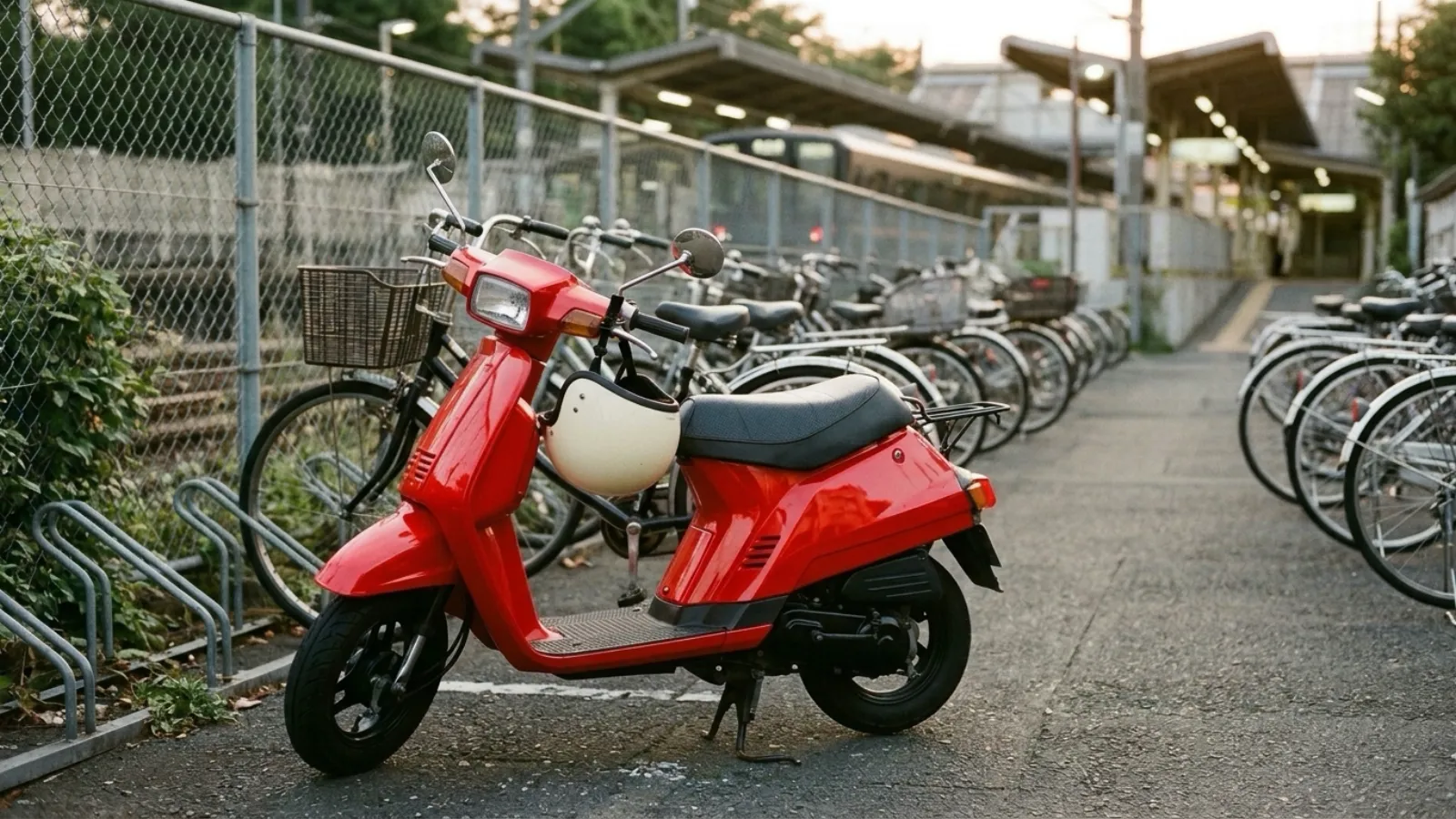 昭和58年〜昭和62年（1983〜1987年ごろ）のヤマハのジョグを再現したイメージ。夕方の郊外の駅の脇の駐輪場で、ぼやけた自転車の列の手前に停めた、角ばった赤い車体と低い足置きの付いた小さな原付スクーターと、ミラーに掛けた無地の半帽ヘルメット。