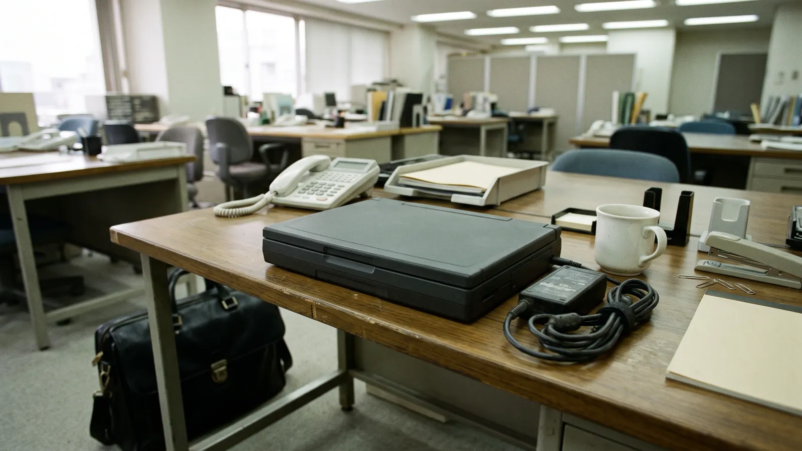 平成8年〜平成12年（1996〜2000年ごろ）のパナソニックのレッツノートを再現したイメージ。蛍光灯と窓の光が入る事務所の机の上に、天板を閉じた無地の濃い灰色のノートパソコンと巻いた電源コード、白い陶器のコーヒーカップが置かれ、机の脚に黒い革の鞄が立てかけてある。