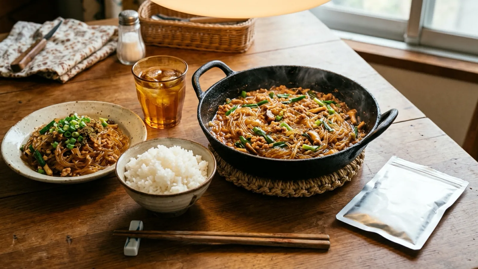 昭和56年〜昭和60年（1981〜1985年ごろ）の永谷園の麻婆春雨を再現したイメージ。温かい天井の灯りの下の団地の食卓で、黒い鉄のフライパンに入った、ひき肉と刻みねぎをからめた赤茶色のつやのあるソースの透明な春雨と、白い器に盛った同じ料理、白いご飯の茶わん、箸、麦茶のコップ、伏せた無地の袋。