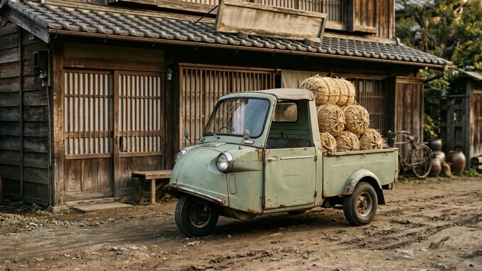 昭和32年〜昭和36年（1957〜1961年ごろ）のダイハツのミゼットを再現したイメージ。夕方の土の道に面した木造の米屋の前に停めた、前輪が一つで丸いライトの付いた半分開いた運転席と小さな荷台を持つ淡い緑の三輪の小型トラックと、荷台に積んだ無地の米俵。