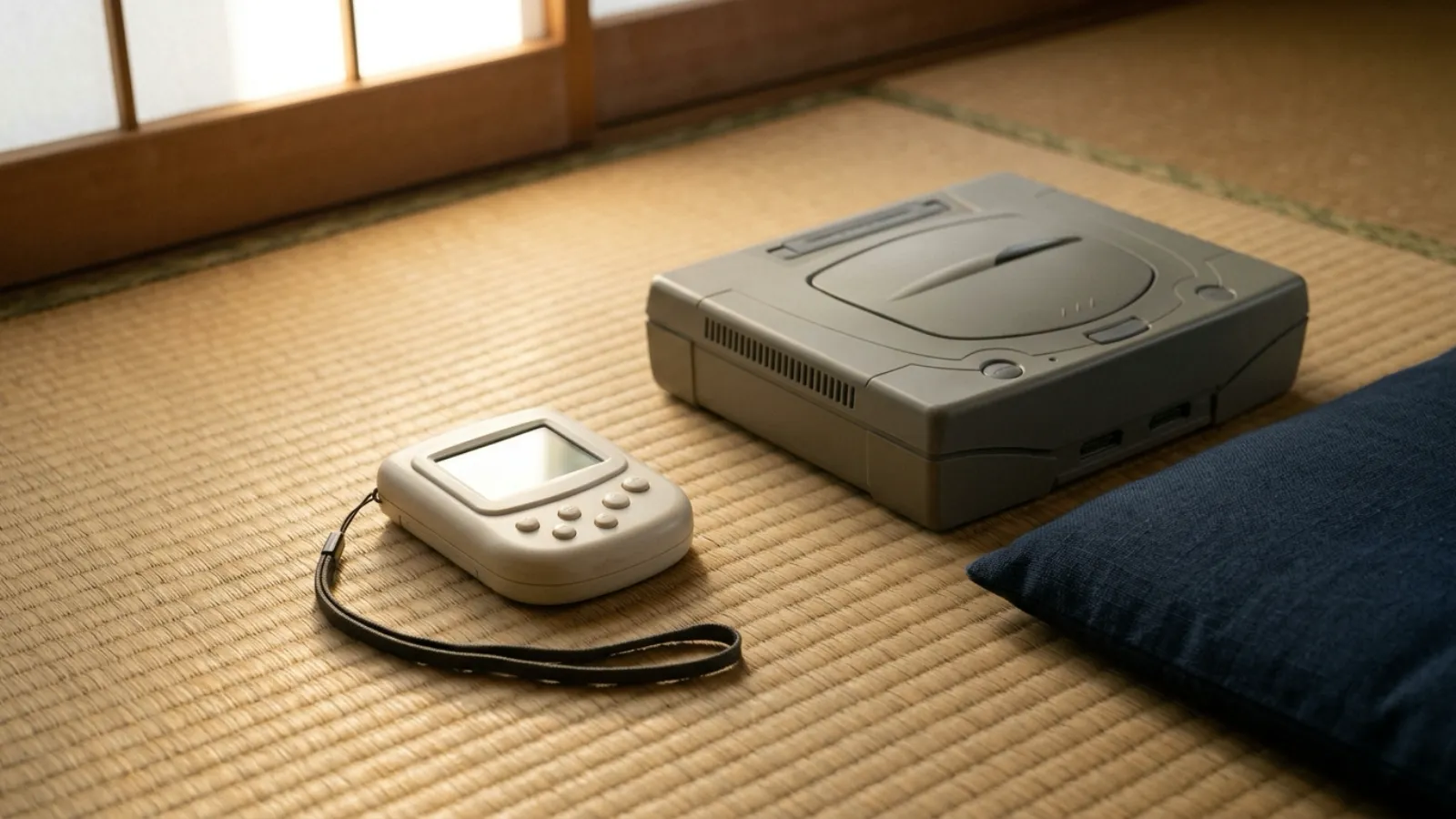 平成11年〜平成15年（1999〜2003年ごろ）のソニーのポケットステーションを再現したイメージ。午後の窓の光が差す子ども部屋の畳の上で、ふたを閉じた灰色の家庭用ゲーム機の横に、画面の消えた小さな白い手のひら大の機械と細いハンドストラップ、無地の座布団が置かれている。
