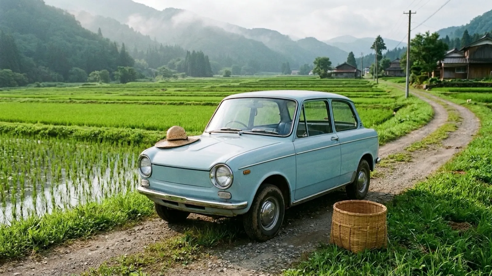 昭和41年〜昭和45年（1966〜1970年ごろ）の日産のサニーを再現したイメージ。初夏の朝、山あいの田植えの済んだ田んぼの脇の砂利道に停めた、丸いライトと細いめっきのバンパーの角ばった水色の小型の乗用車と、ボンネットに置いた麦わら帽子、地面の竹かご。