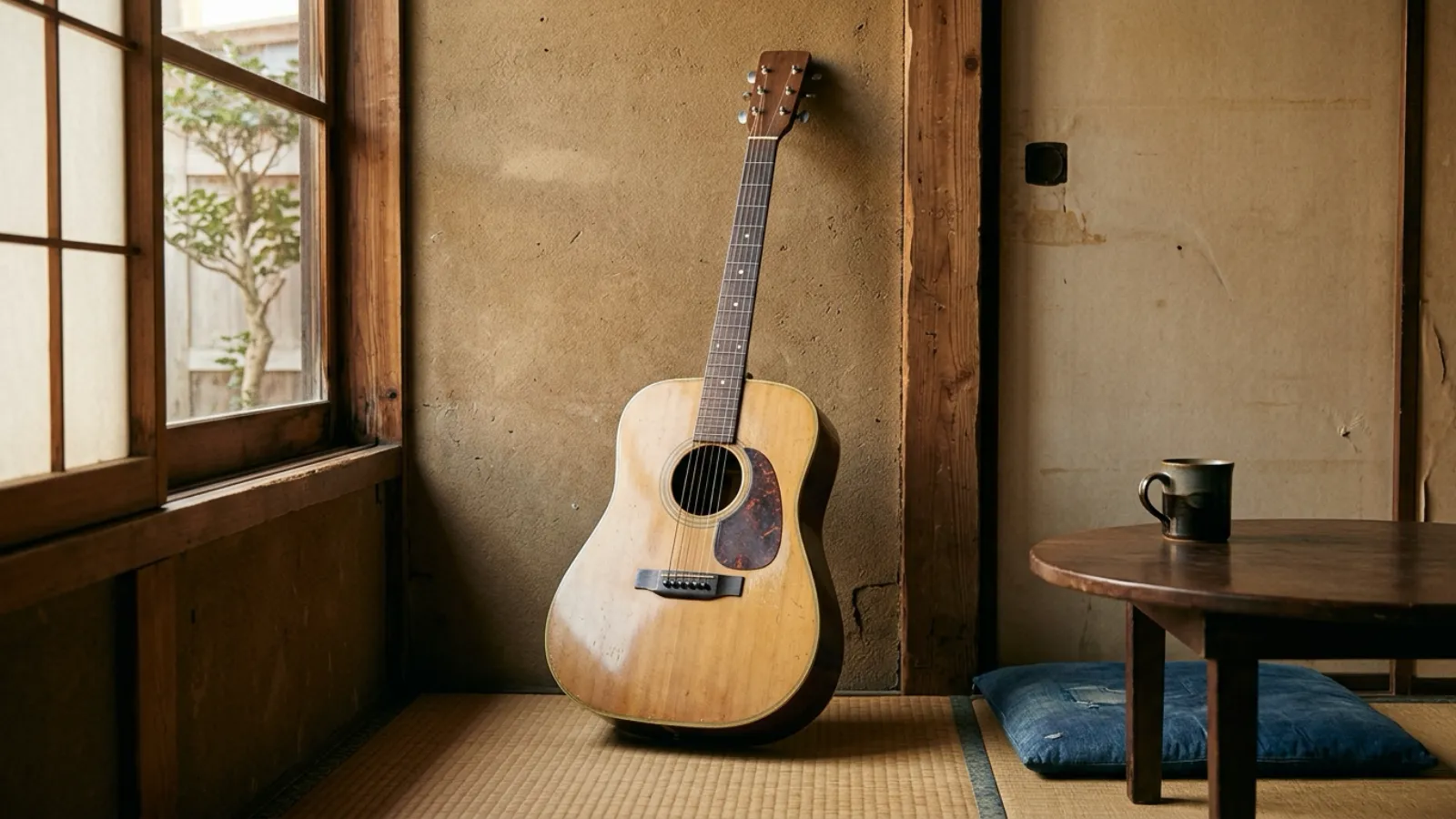 昭和41年〜昭和45年（1966〜1970年ごろ）のヤマハのFG180を再現したイメージ。午後の光が窓から差す四畳半の下宿の壁に立てかけた、明るい木の表板と濃い色の指板、丸いサウンドホールを持つ大きなアコースティックギターと、無地の座布団、小さな低い机、空の無地のマグカップ。