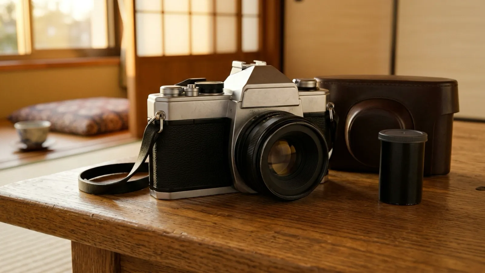 昭和51年〜昭和55年（1976〜1980年ごろ）のキヤノンのAE-1を再現したイメージ。午後の窓の光が入る居間の木のテーブルに、標準レンズを付けた黒と銀の金属の一眼レフカメラと黒い革のストラップ、無地のフィルムの缶、裏を向けたカメラケースが置かれている。