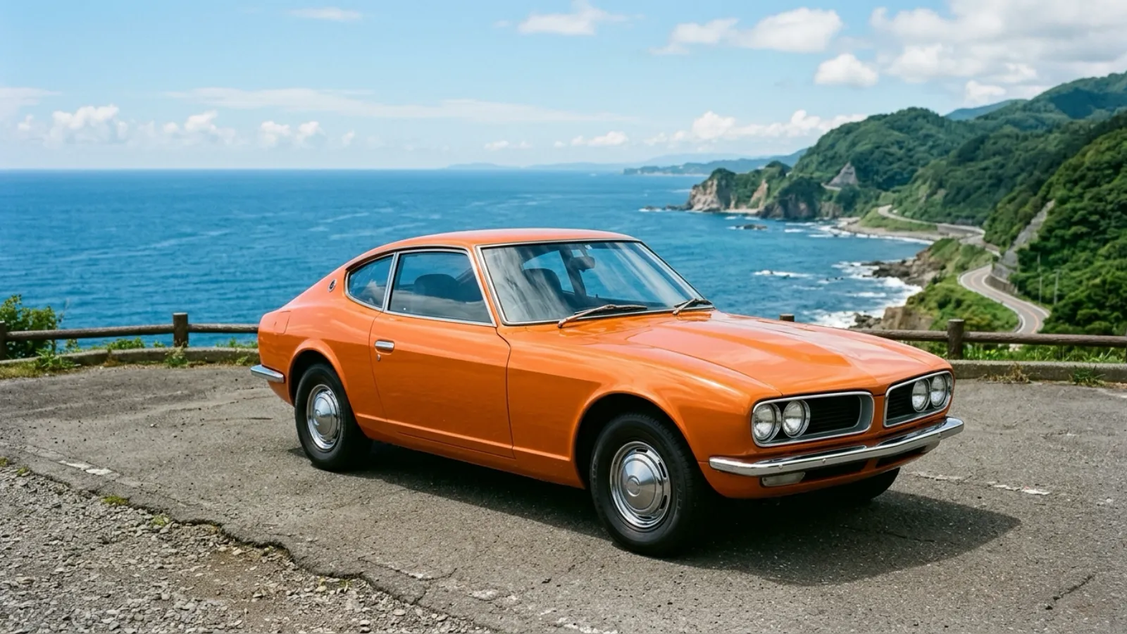 昭和45年〜昭和49年（1970〜1974年ごろ）のトヨタのセリカを再現したイメージ。夏の雲が浮かぶ明るい海を背にした海沿いの展望所に、長いボンネットと短い尾、細いクロームのバンパー、丸いヘッドライトをもつ鮮やかなオレンジ色の2ドアクーペが一台だけ停まっている。