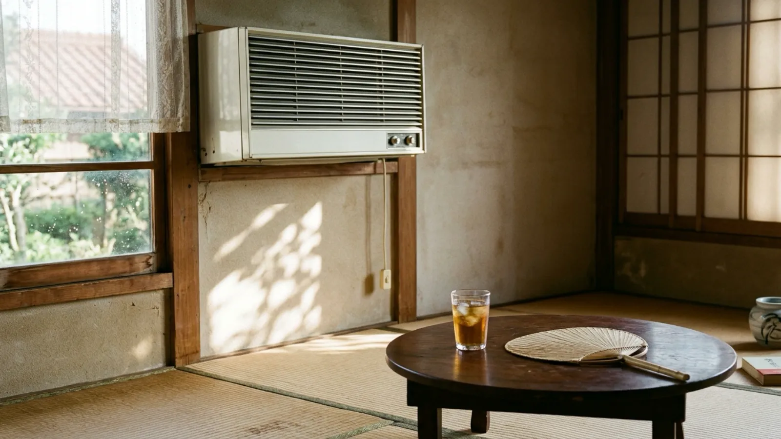 昭和42年〜昭和46年（1967〜1971年ごろ）の三菱電機の霧ヶ峰を再現したイメージ。夏の日差しがレースのカーテンに当たる畳の居間で、窓の横の壁の高い所に横長のルーバーのあるクリーム色の箱形のエアコンが付き、低い机に水滴のついた麦茶のグラスと籐のうちわが置かれている。
